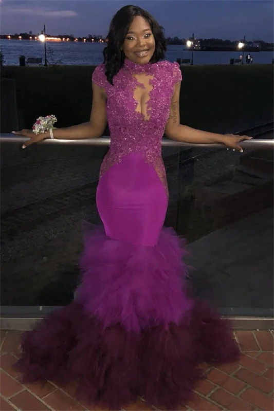 High Neck Mermaid Ruffles Prom Dresses  | Cap Sleeve Lace Sexy Sheer Graduation Dress FB0358