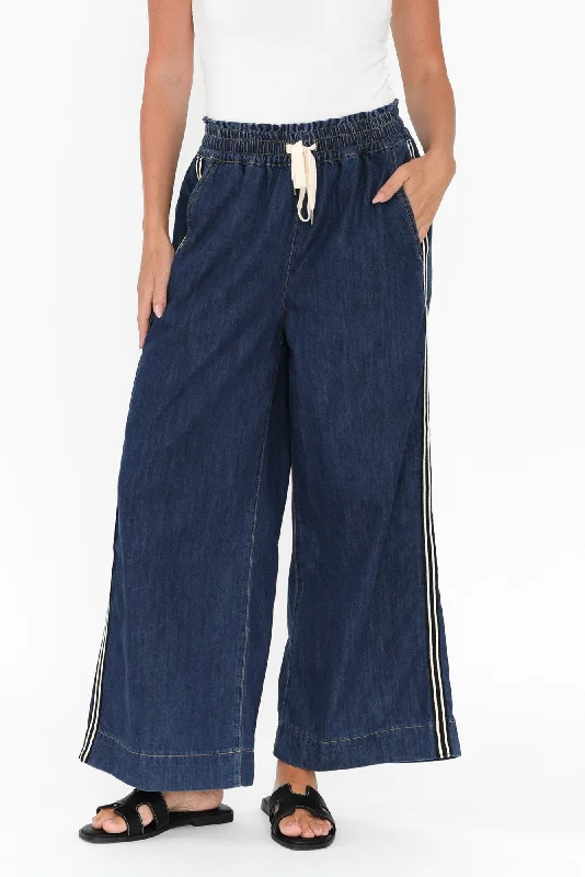 Greta Dark Denim Stripe Wide Leg Pants Classic Pleated Pants