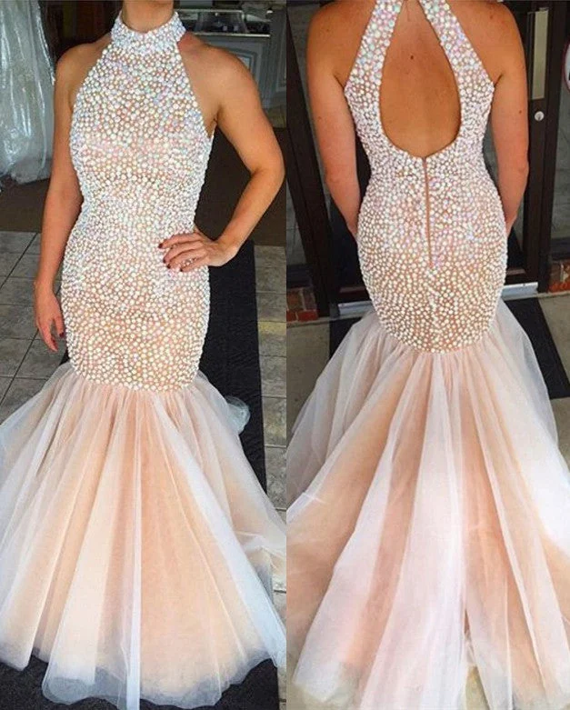 Beaded Crystals High Neck Mermaid Prom Dress  Open Back Sleeveless Evening Gowns BA2615