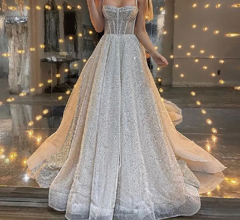 Cinessd  Silver Shiny Spaghetti Straps Prom Dresses 2024 A-Line  Long Sweetheart Neck Evening Party Dress Train Vestido De Fiesta Tunics Evening elegant