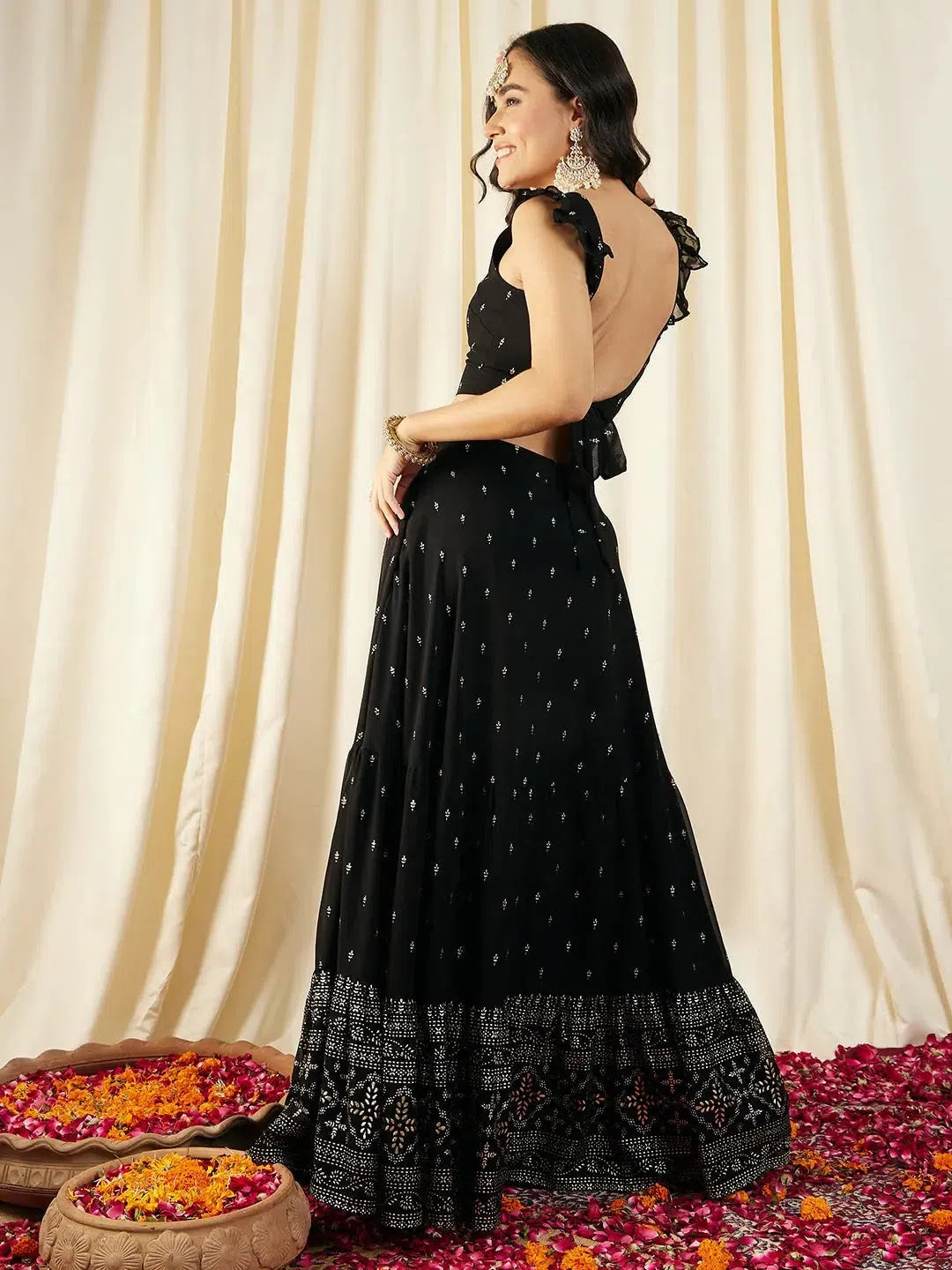 Crop top With Back tie and Flared Skirt in Black Color Welt Pockets Slit Pockets Flap Pockets Crop top With Back tie and Flared Skirt in Black Color Welt Pockets Slit Pockets Flap Pockets