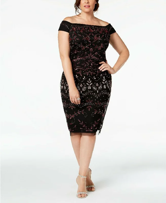 ADRIANNA PAPELL BEDAZZLED BATEAU MESH SHEATH DRESS Rouge Mult 22W