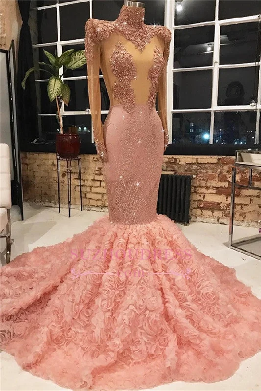 New Arrival High Neck Appliques Party Prom Dresses | Pink Long Sleeves Mermaid Flowers Evening Dresses