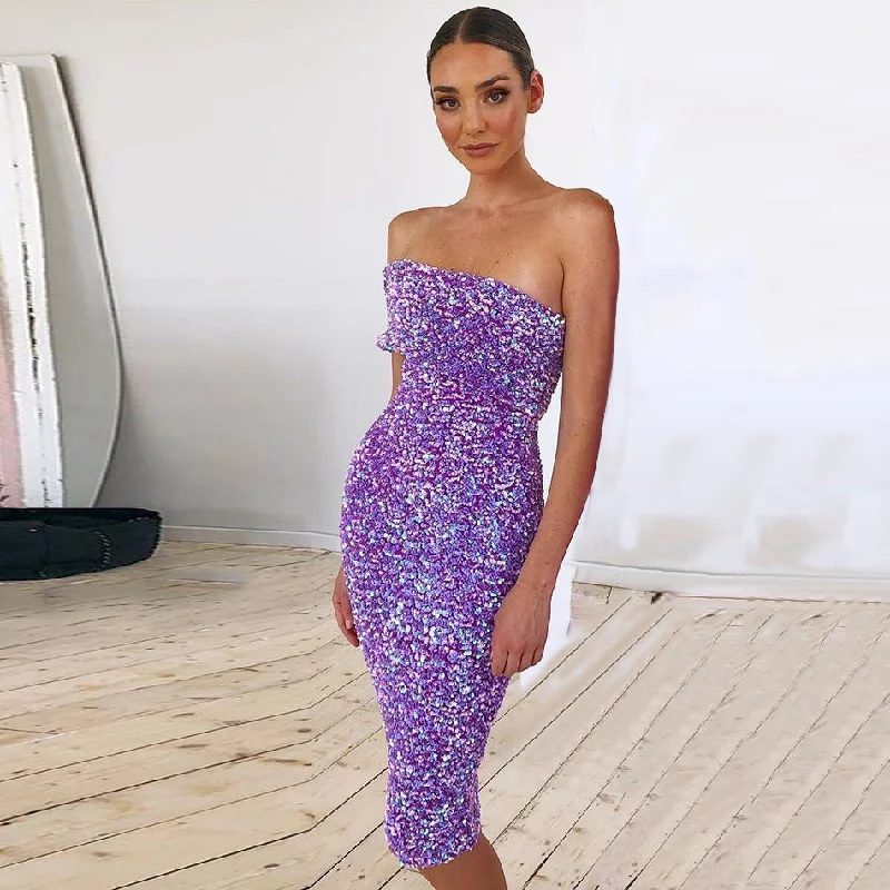 Wjczt 2022 New Fashion Sexy Violet Black Sequined Skinny Women's One Shoulder Sleeveless Mid-length Celebrity Party Dress Sequined Elegant Party