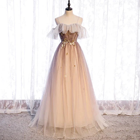 Beautiful gradient sheer and shoulder strap sweet party dress, A-line sheer backless/long evening dress Tunics Sophisticated sleek