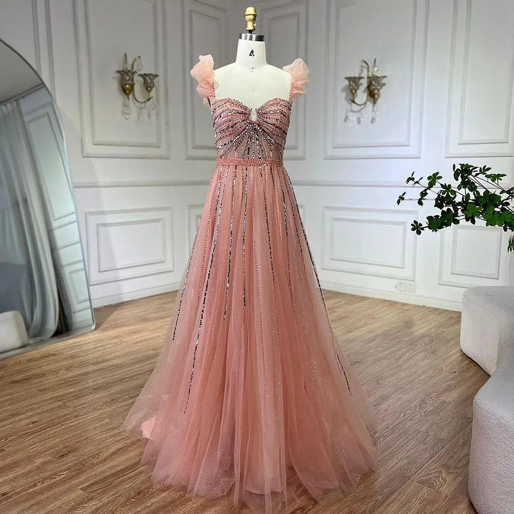 Serene Hill Arabic Elegant Peach Beaded A-Line Evening Gown 2024 Boat Neck Luxury Dress for Women Long Party Dress LA72324 Tunics Running lightweight