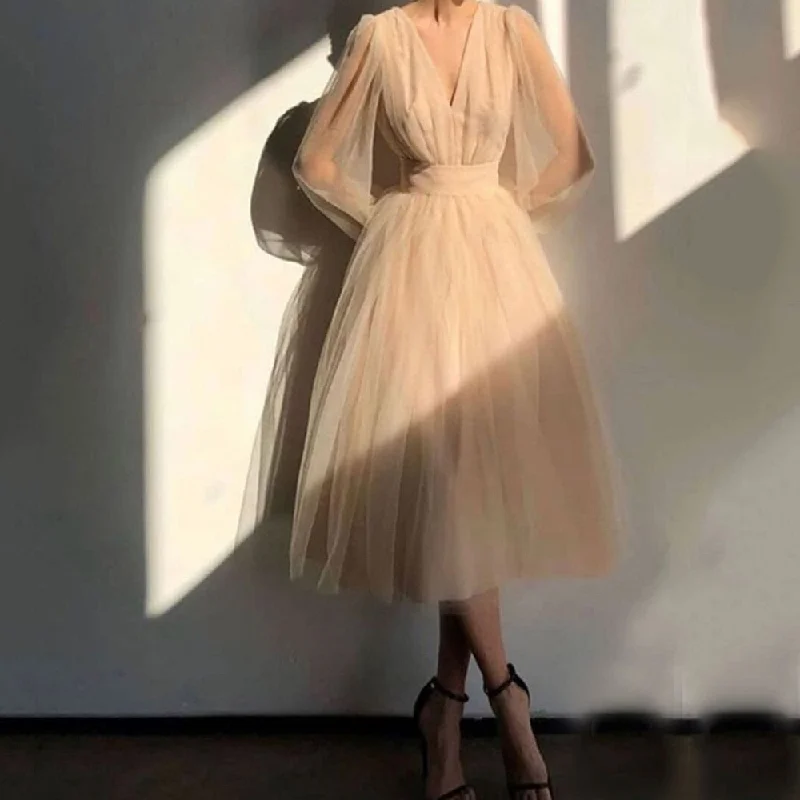Cinessd Back to school outfit Tulle Evening Dresses 2022 Women V-Neck Long Sleeve A-Line Simple Prom Gowns Tea-Length Elegant Party Dress Vestidos De Fiesta Tunics Stylish elegant