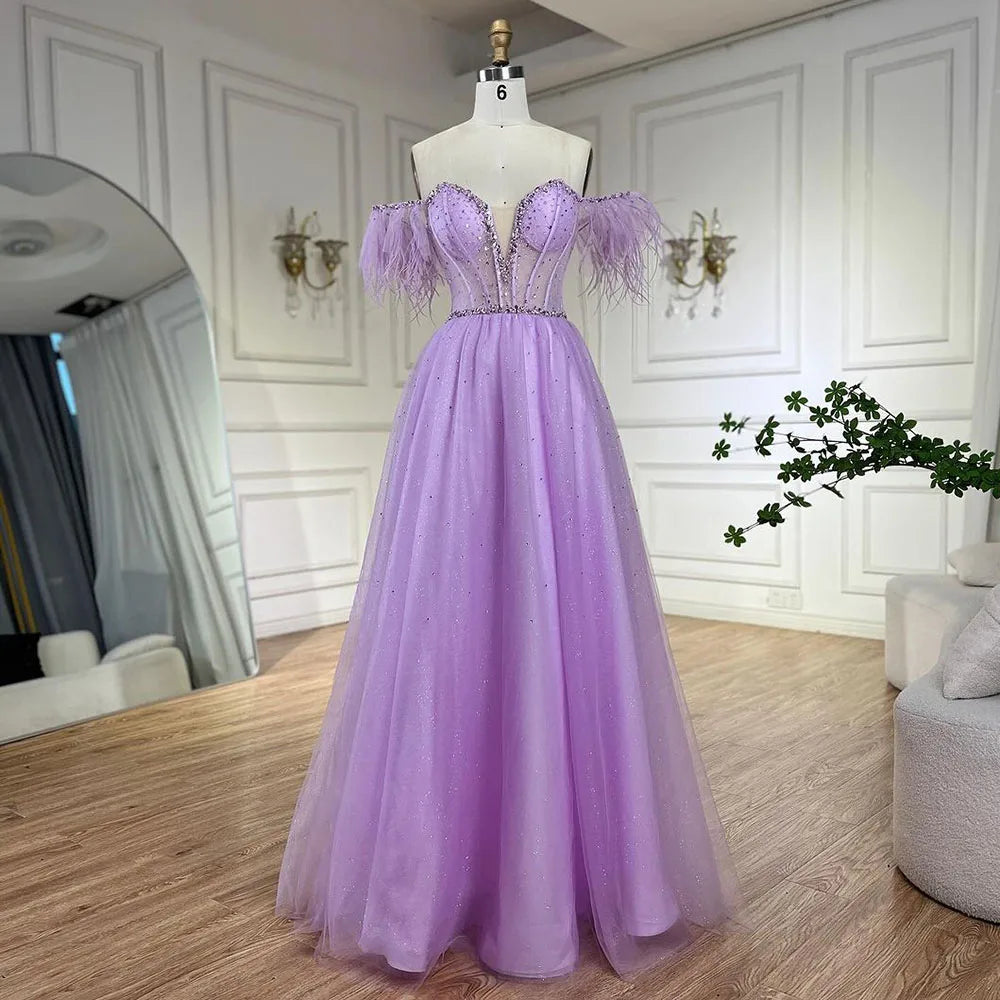 Serene Hill Dubai Arabic Elegant Lilac Feathers Beaded A-Line Evening Gown 2024 Luxury Dress for Women Long Party Dress LA72326 Tunics Stylish elegant