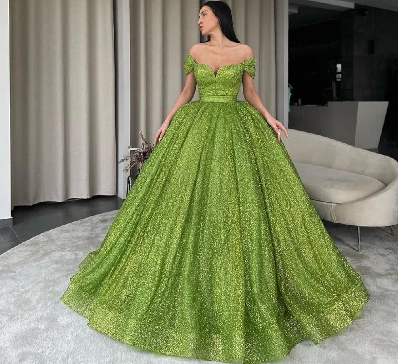 Cinessd  Sparkly Green Tulle Prom Dresses Off Shoulder A Line Long Sweetheart Evening Party Dress Vestido De Fiesta De Graduación Tunics Occasion special