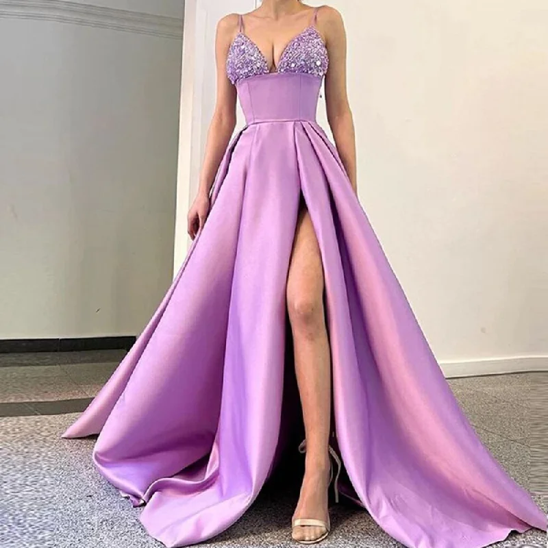 Cinessd Back to school outfit Lavender Evening Dresses 2022 V-Neck Spaghetti Strap Sexy Prom Gowns Side Split Custom Sleeveless Satin Long Formal Party Dress Tunics Favorite customer