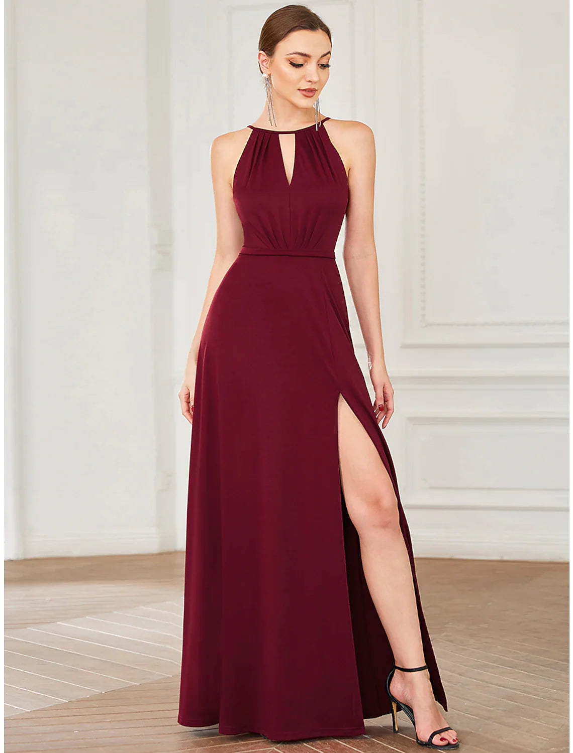 A-Line Prom Dresses Elegant Dress Wedding Guest Floor Length Sleeveless Halter Chiffon with Draping A-Line Prom Dresses Elegant Dress Wedding Guest Floor Length Sleeveless Halter Chiffon with Draping