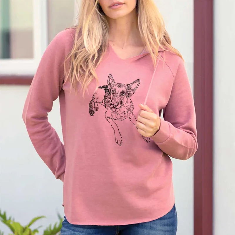 Doodled Lance the German Shepherd - Cali Wave Hooded Sweatshirt Hoodie with High-Low Hem Asymmetrical Trendy Doodled Lance the German Shepherd - Cali Wave Hooded Sweatshirt Hoodie with High-Low Hem Asymmetrical Trendy