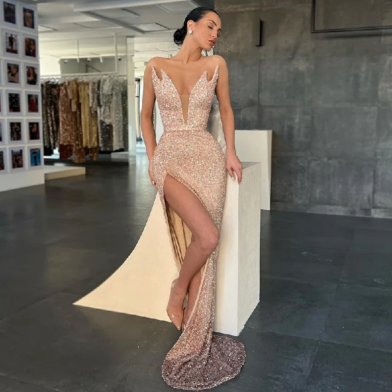 Cinessd Back to school outfit Sparkle Evening Dresses 2022 Luxury Long V-Neck Simple Mermaid Prom Gowns Sleeveless Side Split Sexy Elegant Formal Party Dress Tunics New arrival