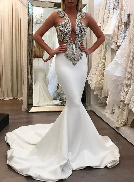 White Sleeveless Mermaid Prom Dresses | Appliques Beadings Evening Dresses