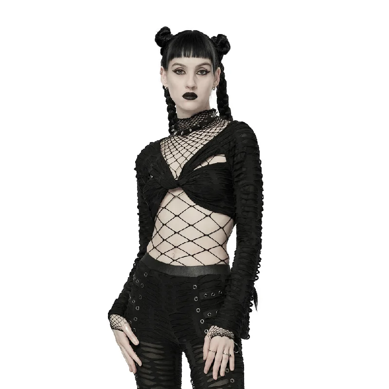 Chic Twist-Front Mesh Gothic Crop Top With Long Sleeves Welt Pockets Slit Pockets Flap Pockets Chic Twist-Front Mesh Gothic Crop Top With Long Sleeves Welt Pockets Slit Pockets Flap Pockets