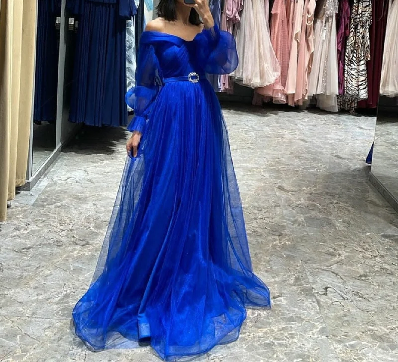 Cinessd  Elegant Royal Blue Off Shoulder Prom Dresses Tulle Long Sleeves A-Line With Beaded Belt Zipper Back Evening Party Dresses Tunics Business professional