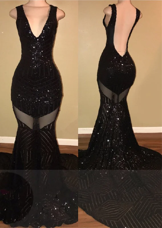 Mermaid V-neck Black Sequined Sexy Backless Sleeveless Prom Dress BA5183