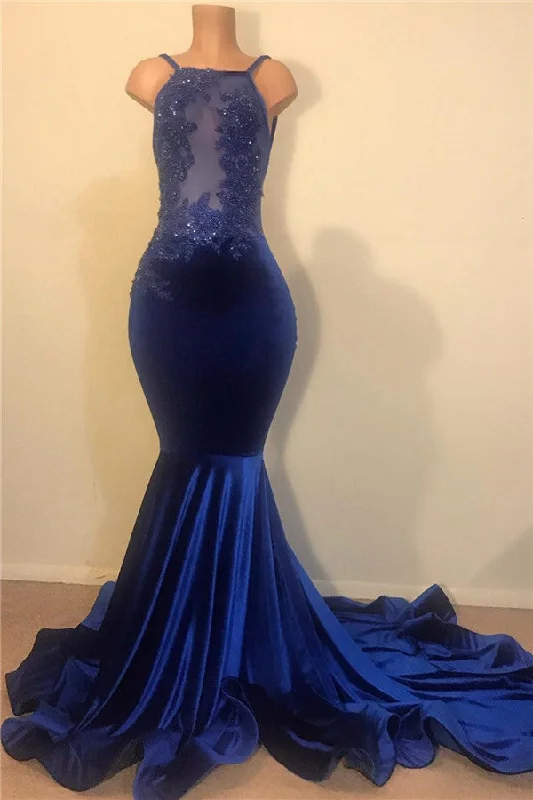 Royal Blue Velvet Prom Dresses with Beads Appliques | Mermaid Backless Straps Sexy Evening Gowns  BC1261