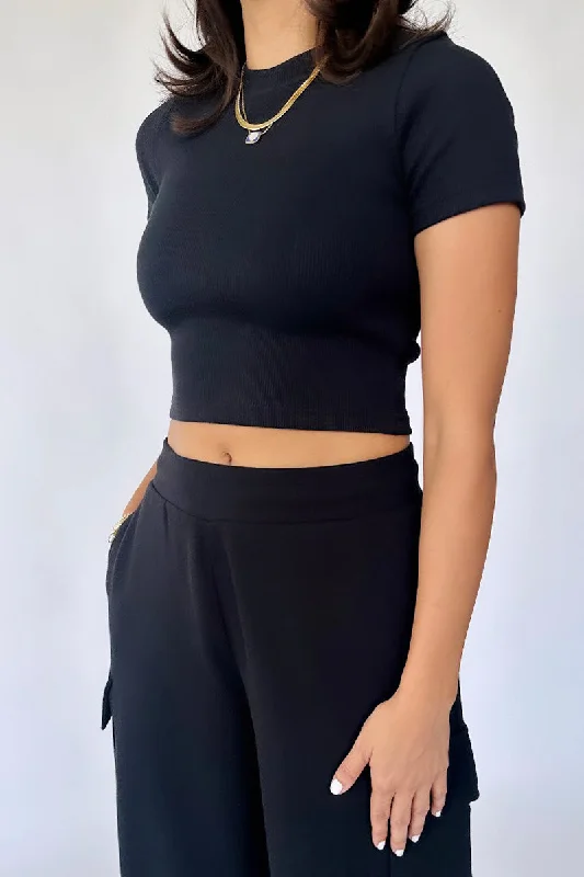 The Mini Crew Crop Top in Black Real Fur Shearling Chenille
