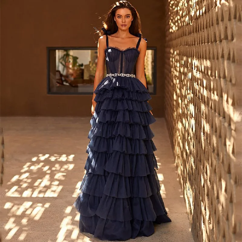 Cinessd  Fivsole Long Prom Dresses Sweetheart Crumpled Tulle Ruffles Evening Dresses Off Shoulder Tiered A-Line Party Dresses With Belt Tunics Stylish modern