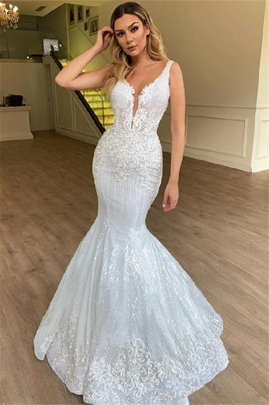 Elegant Straps V-Neck Appliques Prom Dresses | Sleeveless Mermaid Sequins Party Dresses Boatneck Modish Everyday