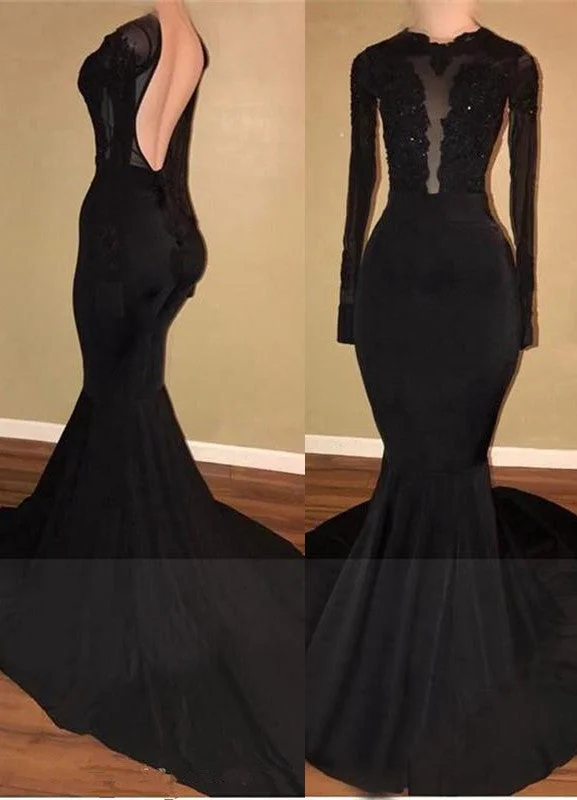 Sexy Black Mermaid Backless Prom Dresses Long Sleeves Appliques Evening Gowns BA7880 Sexy Black Mermaid Backless Prom Dresses Long Sleeves Appliques Evening Gowns BA7880