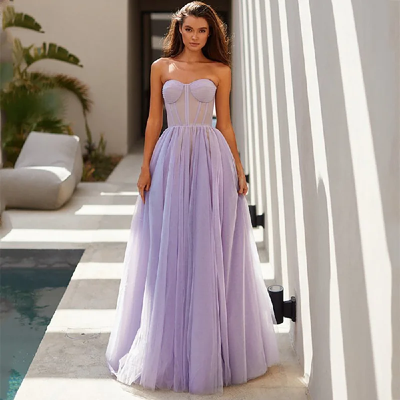 Cinessd  Long Prom Dresses 2022 Sweetheart A-Line Party Dresses Sleeveless Lace-Up Tulle Formal Gowns Shift Classic Vintage