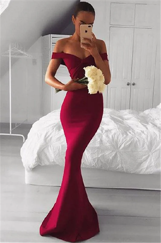 Off The Shoulder Sheath Sexy Formal Evening Dress  Burgundy Prom Dress