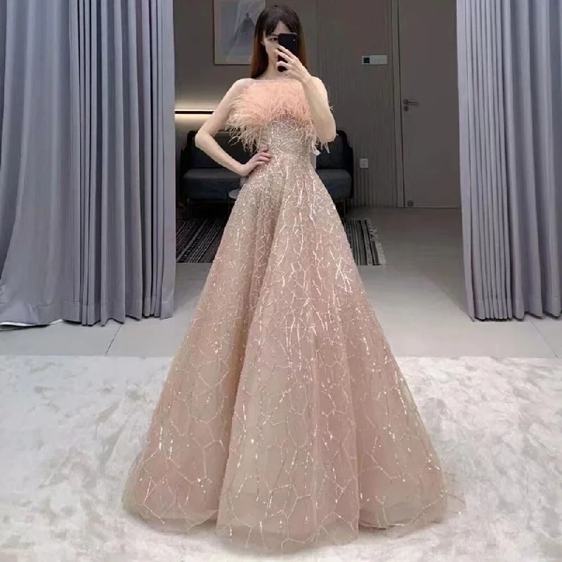 Serene Hill Blush Pink Sleeveless A Line Boat Neck Beaded Luxury Feathers Party Dresses Formal Women Evening 2024 LA71797 Tunics Leisure comfortable