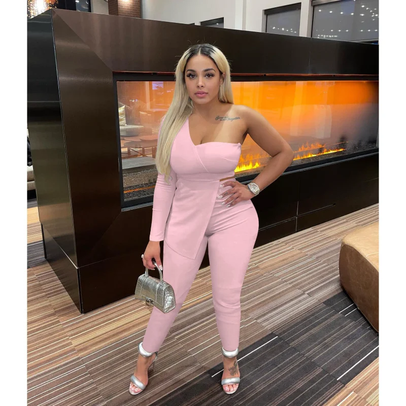 Women Solid Color Off-Shoulder One-Shoulder Irregular Top And Pants Casual Two Piece Set Lightweight Linen Pants
