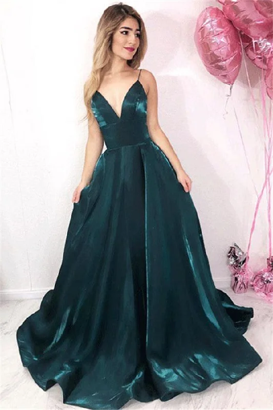 Simple Dark Green Sleeveless A-Line Prom Dresses | Spaghetti Straps Sweep Train  Evening Gown