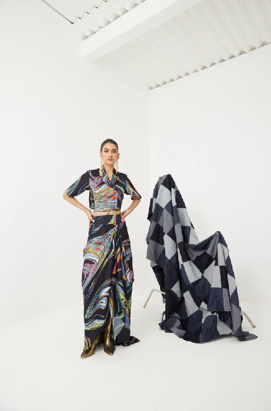 Galaxy Crop Top & Draped Skirt Co-ord Mesh Canvas Denim