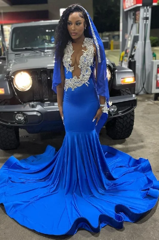 Royal Blue Deep V-neck Mermaid Court Train Long Prom Party Dresses Tunics Evening elegant Royal Blue Deep V-neck Mermaid Court Train Long Prom Party Dresses Tunics Evening elegant