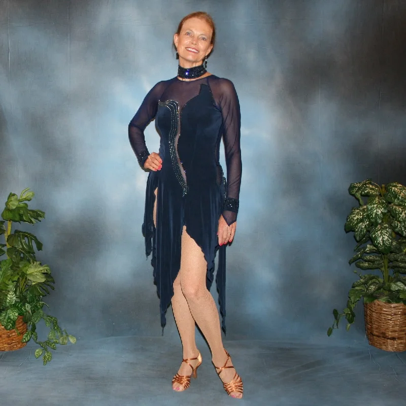 Navy Blue Latin-Rhythm Dress with Blue Swarovski Rhinestone Work-Jessica Cowl Neckline Elegant Navy Blue Latin-Rhythm Dress with Blue Swarovski Rhinestone Work-Jessica Cowl Neckline Elegant