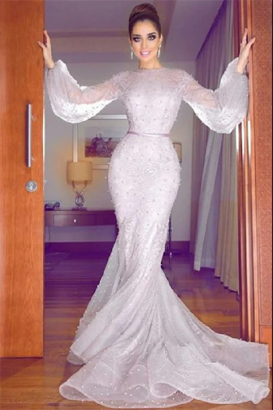 Lavender Bubble Sleeves Full Beads Evening Dresses  | Lace Mermaid Sexy Prom Dresses
