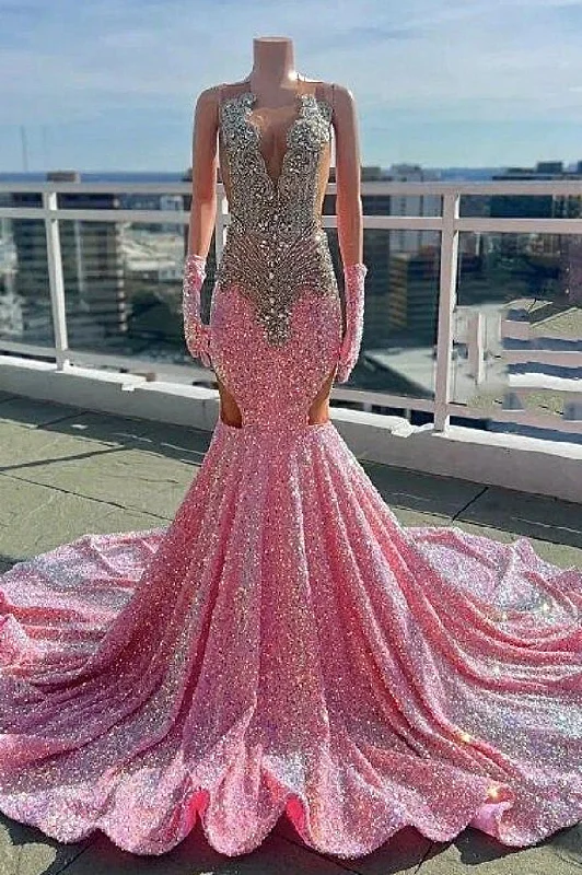 V-neck Silver Beaded Pink Long Prom Party Dresses with Cutout Tunics Wedding white