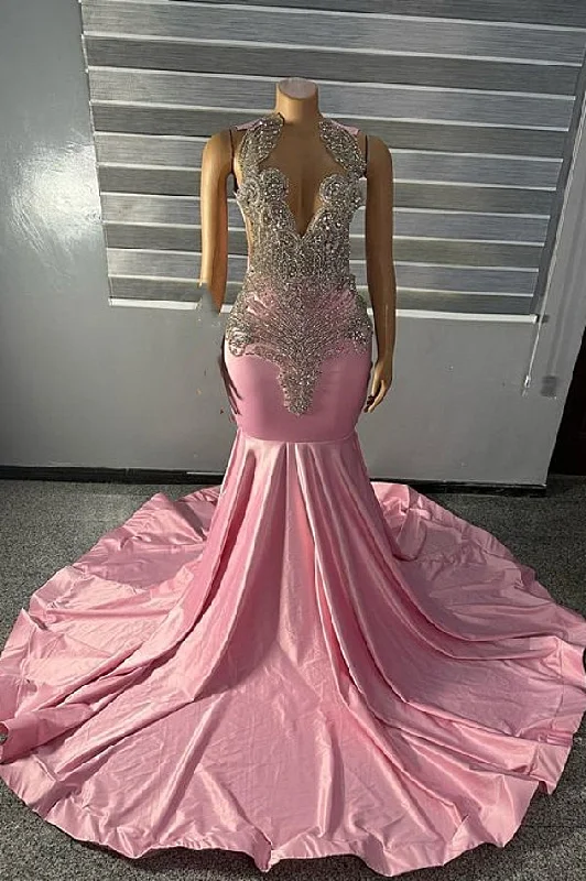 High neck Unique SIlver Beaded Pink Mermaid Prom Party Dresses Tunics Formal black