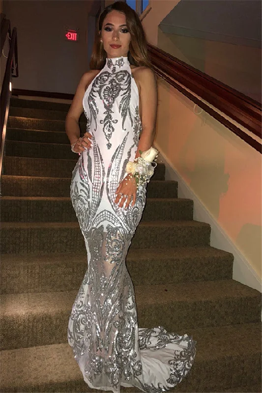 Sexy Sleeveless High Neck Sweep Train Prom Dresses | Mermaid  Appliques Evening Gown BC1036