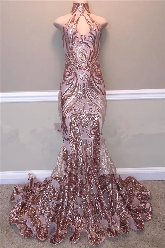 Gold Appliques High Neck Prom Dresses | Shiny Sleeveless Mermaid Evening Gowns