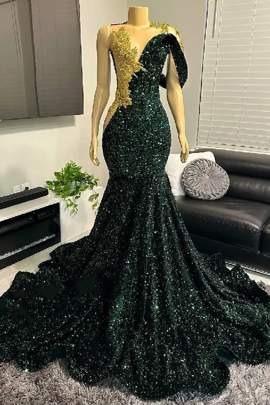 One shoudler Dark Green Sequin Floor length Prom Party Dresses Tunics Chinos classic
