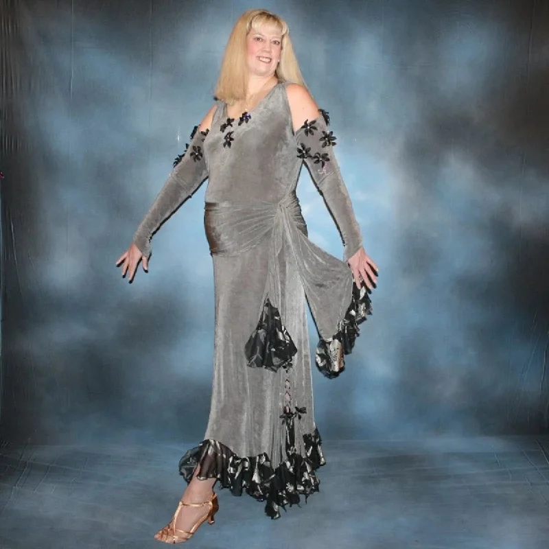 Grey Plus Size Ballroom Dance Dress with Black Accents-Classy Roses Tunics Yoga stretchy Grey Plus Size Ballroom Dance Dress with Black Accents-Classy Roses Tunics Yoga stretchy