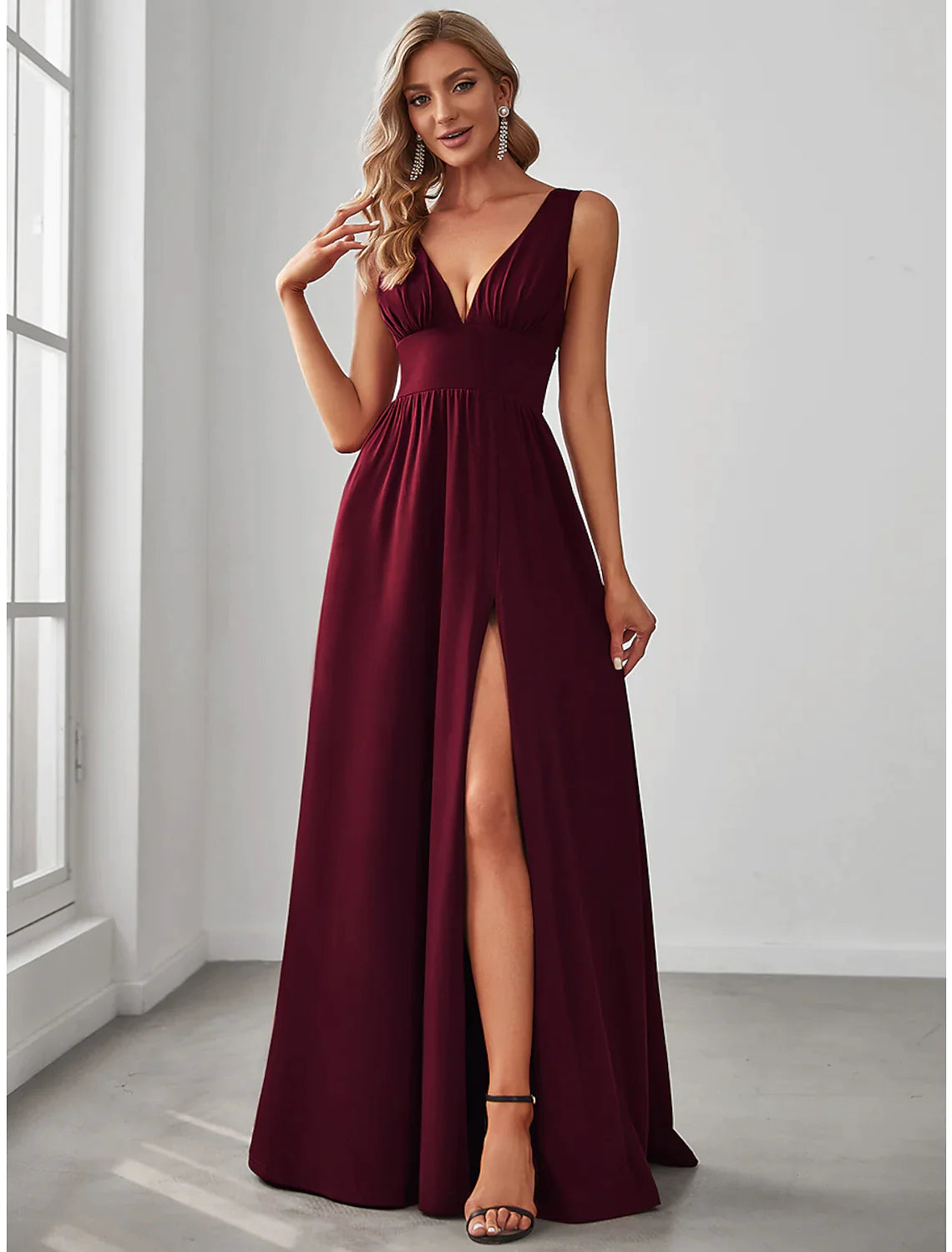 A-Line Prom Dresses High Split Dress Wedding Guest Floor Length Sleeveless V Neck Chiffon V Back with Slit A-Line Prom Dresses High Split Dress Wedding Guest Floor Length Sleeveless V Neck Chiffon V Back with Slit