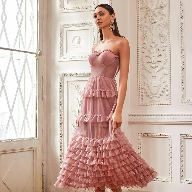 Cinessd  Gorgeous Dusty Pink Prom Dresses Backless Tiered Evening Gown Sleeveless Sweetheart Pleated Party Dress Halter Neckline Beach