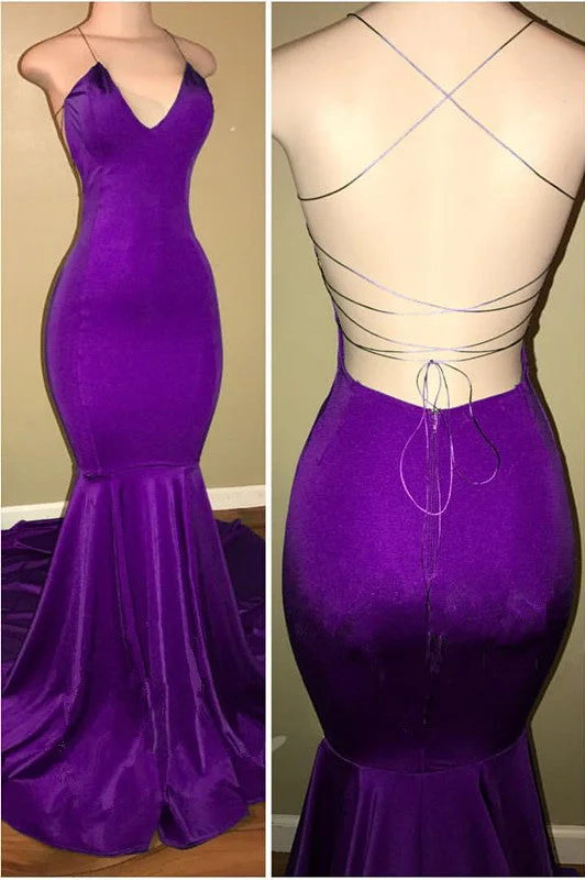Purple Sexy Mermaid Open Back Prom Dresses | Simple Spaghetti Straps Evening Dresses Purple Sexy Mermaid Open Back Prom Dresses | Simple Spaghetti Straps Evening Dresses