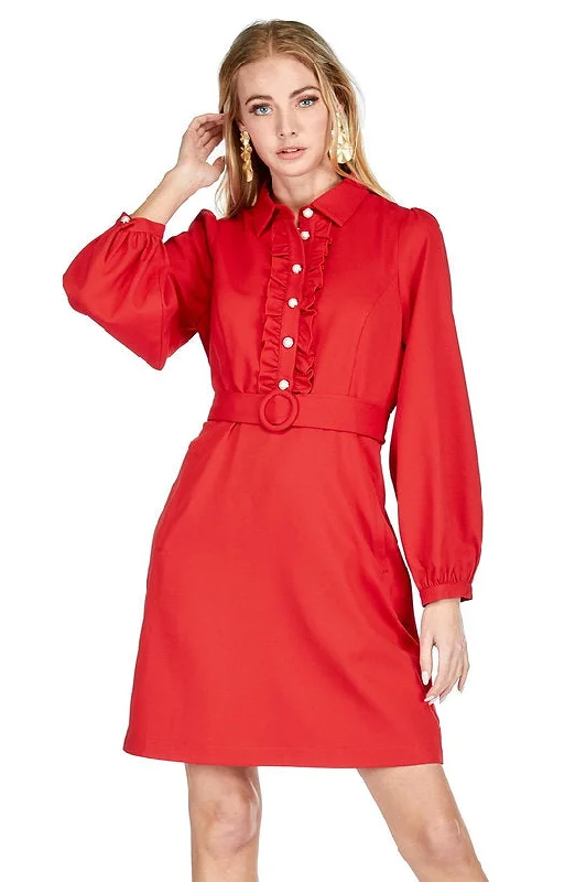 Ruffles Button Dress- Red Tunics Custom made