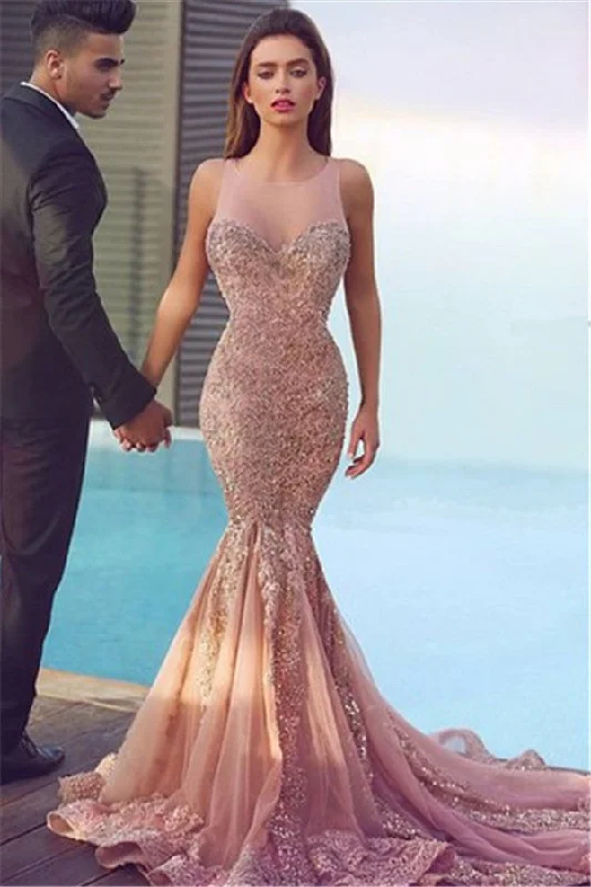 Mermaid Sequins Formal Dress Pink Sparkling Sheer Sleeveless Jewel Gorgeous Evening Dress MH086 Mermaid Sequins Formal Dress Pink Sparkling Sheer Sleeveless Jewel Gorgeous Evening Dress MH086