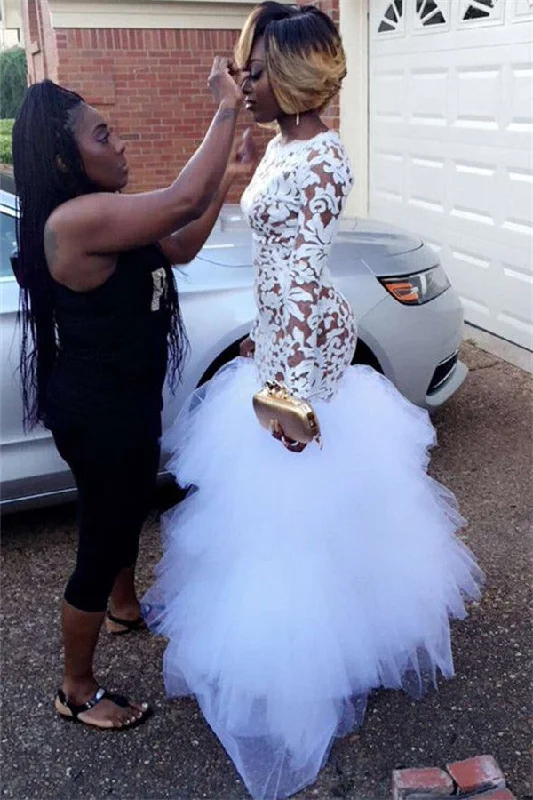 Lace Long Sleeve Mermaid Tulle Prom Dress New Arrival Floor Length Evening Gown YJ0004 Lace Long Sleeve Mermaid Tulle Prom Dress New Arrival Floor Length Evening Gown YJ0004
