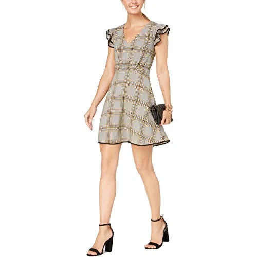 19 Cooper Womens Plaid Ruffle Casual Dress Gray M