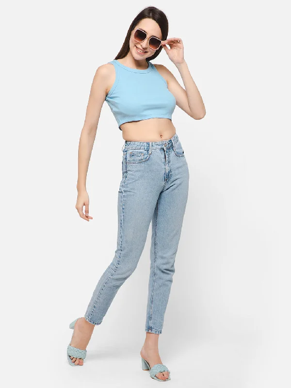 Baby Blue Cotton Chic Basic Ribbed Crop Top Satin Blend Silk Blend Wool Blend