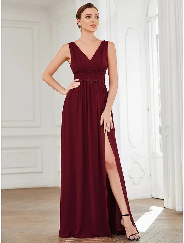 A-Line Evening Gown Minimalist Dress Wedding Guest Floor Length Sleeveless V Neck Chiffon with Pleats A-Line Evening Gown Minimalist Dress Wedding Guest Floor Length Sleeveless V Neck Chiffon with Pleats